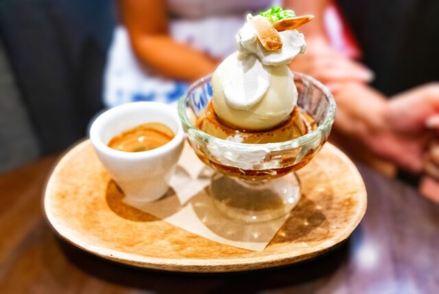 Affogato-style dessert topped with vanilla ice cream, whipped cream and caramel. Served with a shot of espresso at Café Switch