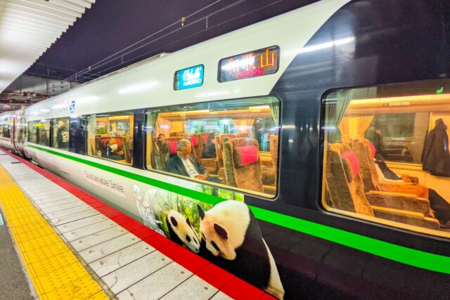 The Panda Kuroshio “Smile Adventure Train” bound for Wakayama, decorated with giant panda designs and featuring spacious, comfortable interiors.