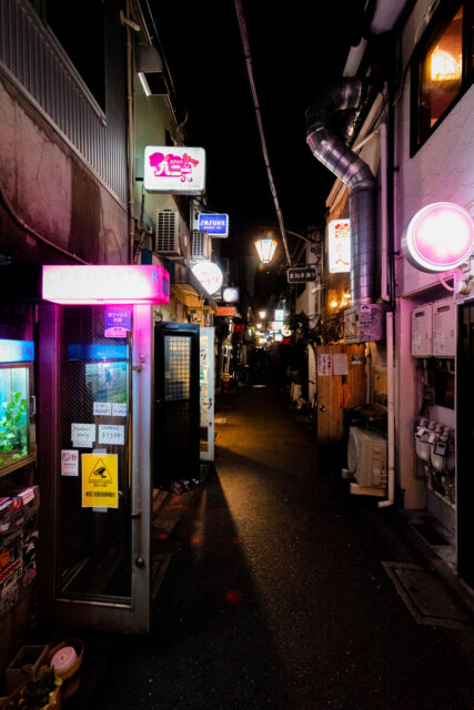 Narrow alleyway of Golden Gai in Shinjuku, Tokyo, lit with neon bar signs and izakaya entrances, showcasing the city’s vibrant nightlife atmosphere.