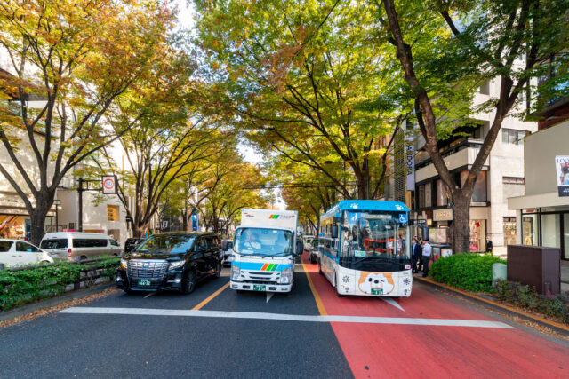 Autumn view of Omotesando Avenue in Tokyo with tree-lined streets, traffic including cars and a colorful city bus decorated with a cute dog face design, and shops like Pandora and Marc Jacobs along the luxury shopping boulevard.