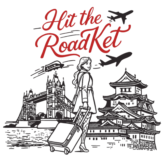 Ket with a suitcase and world landmarks. Hit the Road Ket logo